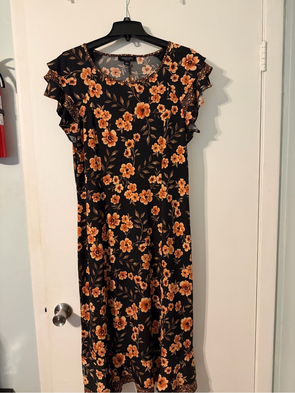 Perceptions Black Midi Dress with Orange Floral Print